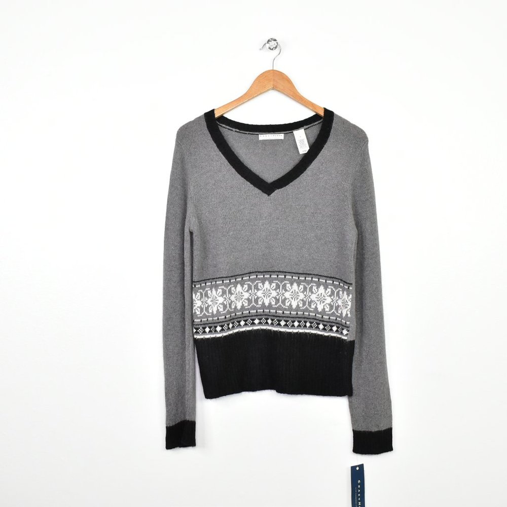 Crazy Horse Angora Fair Isle V-neck Pullover Sweater Size M Nordic Gray Long Slv